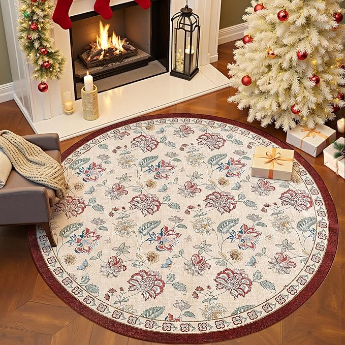 jinchan Elora 6ft Floral Round Rug for Washable Living Room Rug Vintage Romance Christmas Design Non Slip Indoor Floor Cover Lightweight Low-Profile Throw Carpet for Bedroom Porch, Red/Beige