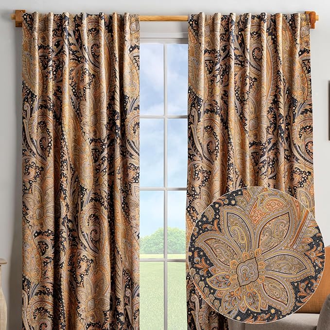 Maison d' Hermine Curtains for living room 100% Cotton 96 inch length Two Panels Light Filtering Curtains for Bedroom Windows with rod and loop Pockets Drapes (Kashmir Paisley Graphite, 50"W x 96"L)