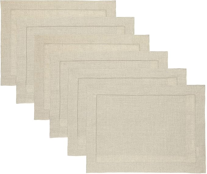 Solino Home Linen Placemats Set of 6 - Classic Hemstitch Natural Placemats 14 x 19 Inch - 100% Pure Linen Table Mats for Christmas, Holiday, New Year