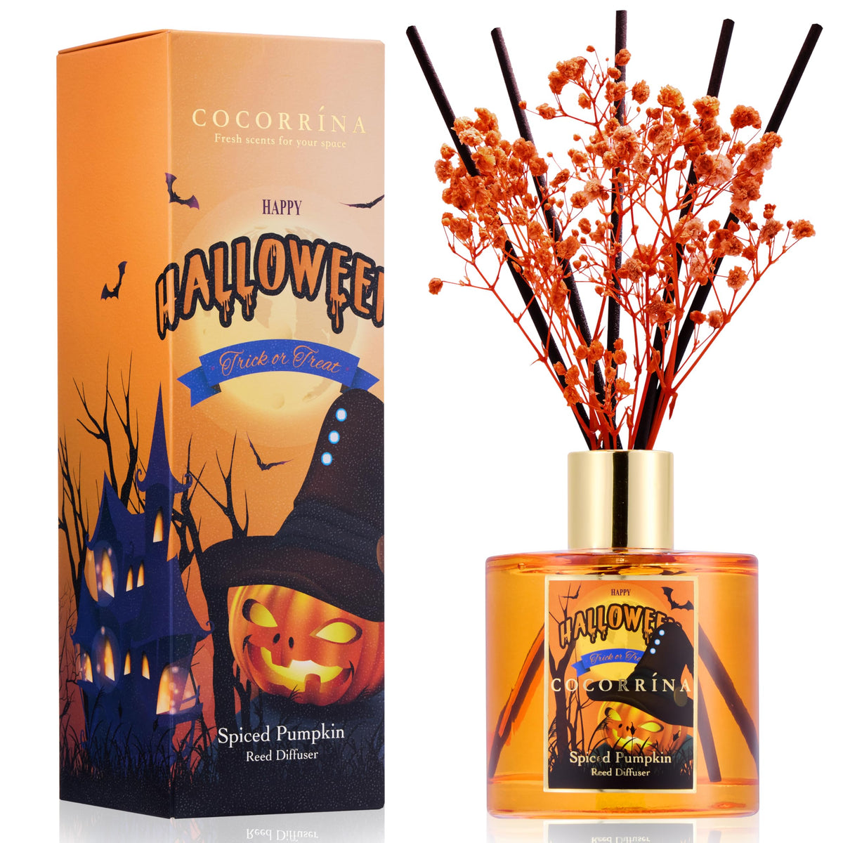 COCORRÍNA Reed Diffuser - Spiced Pumpkin 6.7 fl oz Scented Diffuser with 8 Sticks Home Fragrance Bathroom Shelf Decor (Halloween Collection)