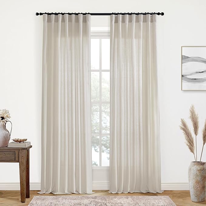XTMYI Floor to Ceiling Curtains 8 FT,Linen Cotton Blend Faux Linen Soft Touch Light Airy Grey Beige Sheer Curtains for Bedroom Living Room Dining Room Nursery,96 Inches Long