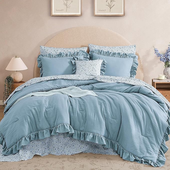 King Comforter Set - 7 Pieces Ruffle Blue Bedding Sets, Shabby Chic Farmhouse Bed in a Bag King with Ruffle Comforter, Floral Sheets, Pillowcases & Shams