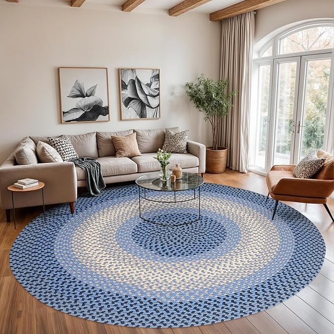 Tranquility TQ12 Blue 8' x 8' Round - Braided Area Rug, Home Decor, Floor Mat or Bedroom Rug - Easy Care, Ideal for High Traffic Areas in Hallway and Living Room - Made in USA