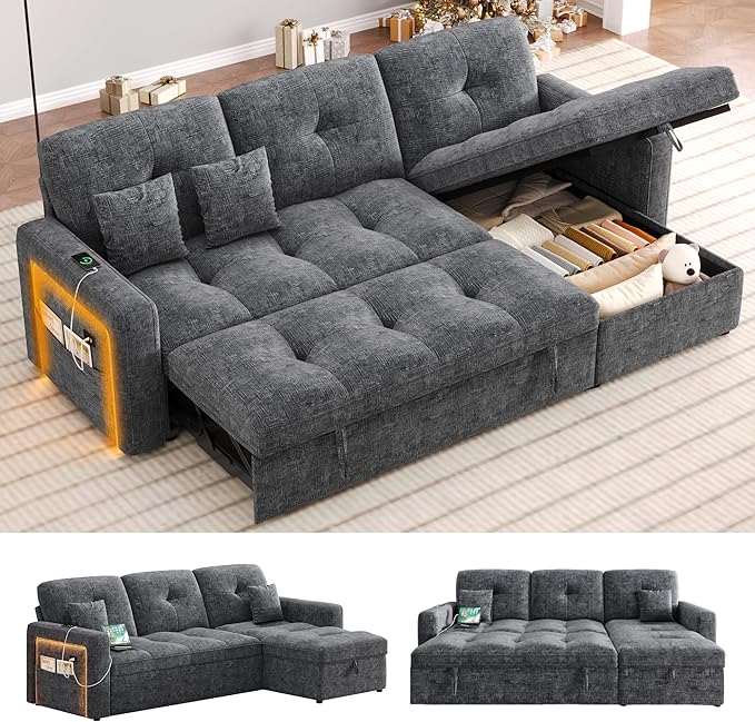 HIFIT LED Sectional Sleeper Sofa with Pull Out Couch Bed, Convertible L Shaped Sofa w/Storage Chaise, Adjustable Backrest & USB, 80'' Comfy Chenille Sectional Couch for Living Room Apartment, Grey