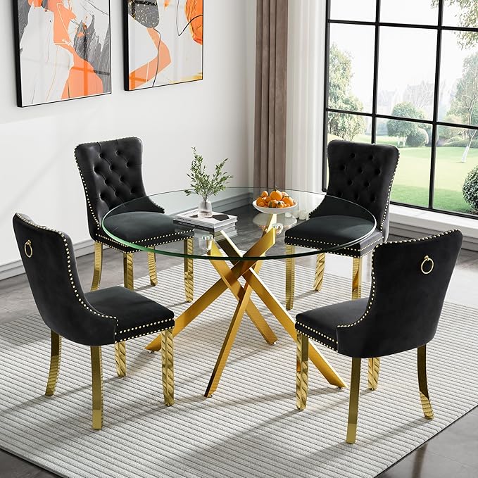 Round Glass Dining Table Set for 4, 47'' Clear Circular Kitchen Table and Chairs Set, 5PCS Modern Circle Dining Room Table Set with 4 Velvet Dining Chair for Home