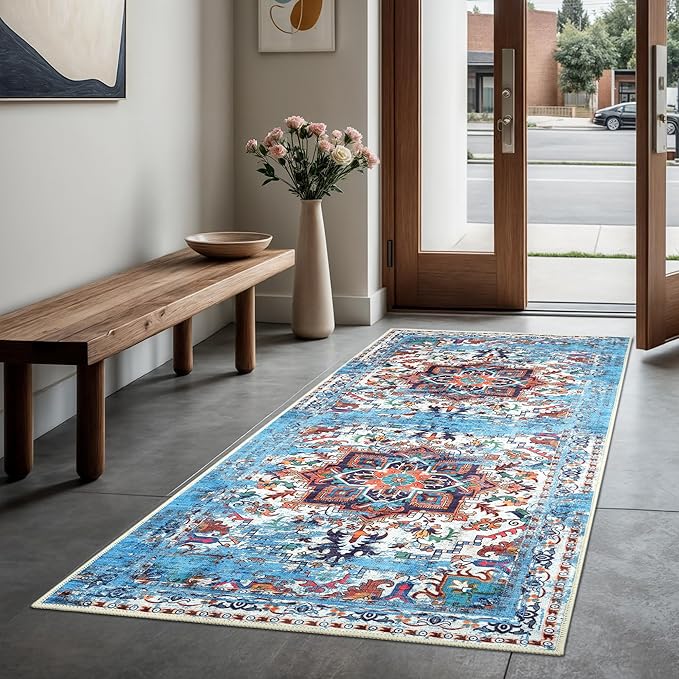 GLN Rugs Traditional Collection - Machine Washable Area Rug, Traditional Washable, Non Slip, Low Pile Chenille Rug, Living Room, Bedroom, Kitchen Rug (2'6"x10' Blue)