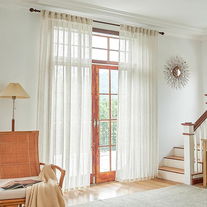 Natural Cream Linen Sheer Curtains 84 Inch Width for Extra Wide Window 2 Panels Back Tab Pocket Light Filter Semi Sheer Long Curtains for Living Room Rustic Farmhouse Decor Off White Ivory 84x108