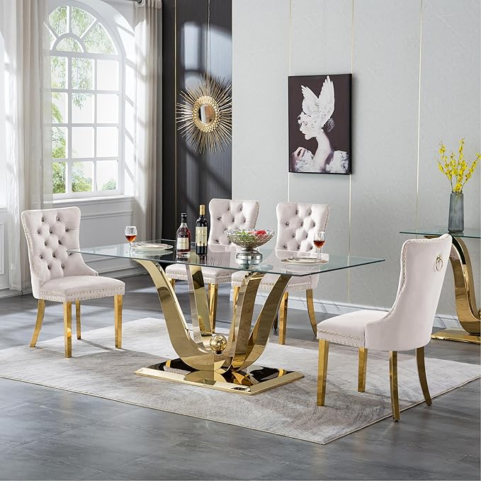 5-Piece Glass Dining Table Set w/4 Beige Upholstered Dining Chairs, 70in Rectangular Large Kitchen Table Set for 4, Glass and Gold Dining Table and Chair Set for 4