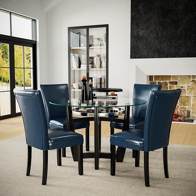 PADMA HOUSE Round Glass Dining Table Set for 4, 45in Modern Kitchen Small Wood Dinner Table with 4 Parsons Leather Dining Chairs 5 Piece Dining Room Table Chair Set, Clear&Purplish Blue