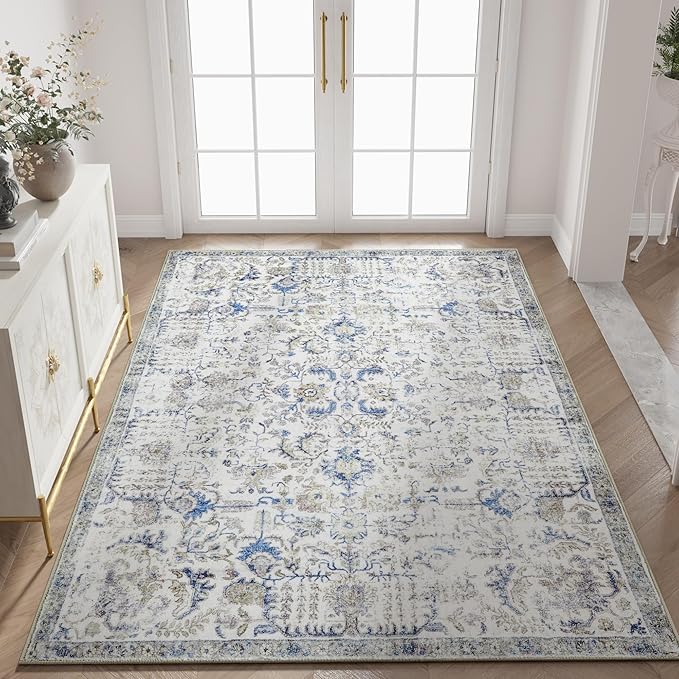 jinchan Kalen Area Rug 4x6 Washable Bedroom Rug Soft Vintage Indoor Thin Retro Distressed Floor Cover Blue Floral Country Boho Non Slip Living Room Bathroom Kitchen