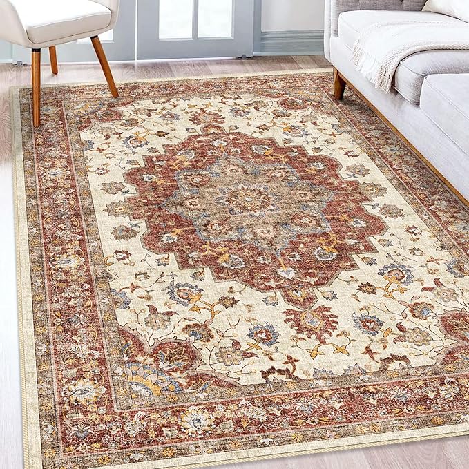 Washable Oriental Area Rug - 5x8 Rugs for Living Room Soft Carpet for Bedroom Waterproof Floral Distressed Indoor Stain Resistant Non-Shedding Floor Carpets (Red, 5x8)