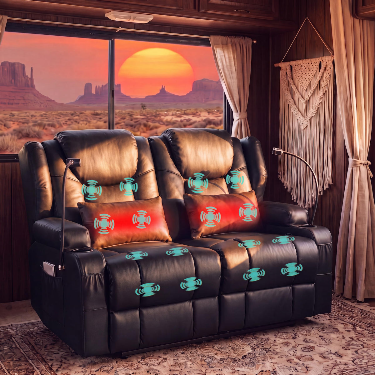 Roomark Loveseat Recliner with Massage and Heat, Wall Hugger Manual Recline Sofa for RV,Home Theater Seating,Living Room,Small Space Apartment Cup Holders Included (Black)