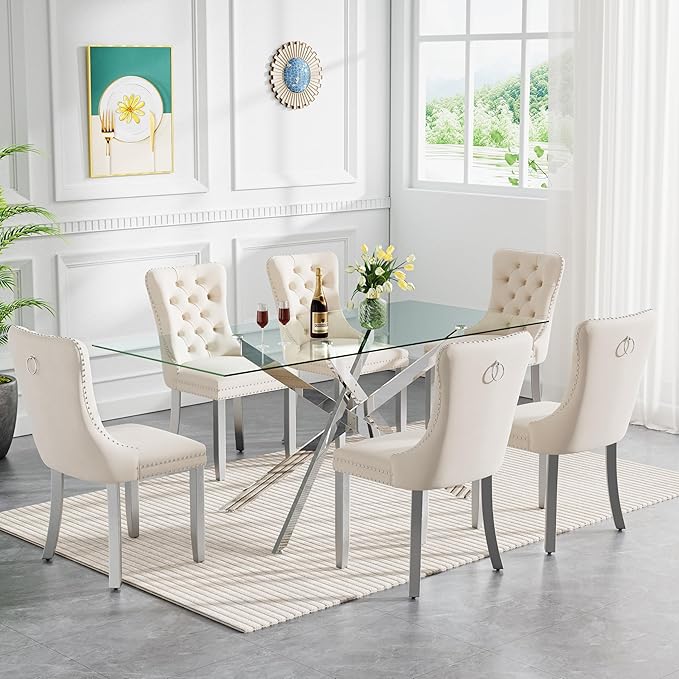 HomVent 7 Piece Rectangular Glass Dining Table Set, Tempered Glass Dinner Table Set for 6 Kitchen Table Set with 6 Velvet Upholstered Chairs for Kitchen Dining Room