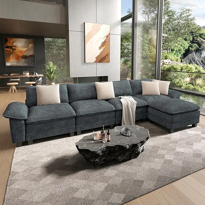 HERA'S HOUSE 158" Modular Sectional Sofa, Oversized L Shaped Couches for Living Room, Comfy Cloud Couch with Ottoman, 5-Seater Deep Seat Sofa with Throw Pillow, Chenille Blue