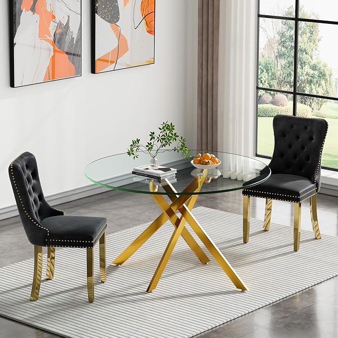 Round Glass Dining Table Set for 2, 47'' Clear Circular Kitchen Table and Chairs Set, 3PCS Modern Circle Dining Room Table Set with 2 Velvet Dining Chair for Home