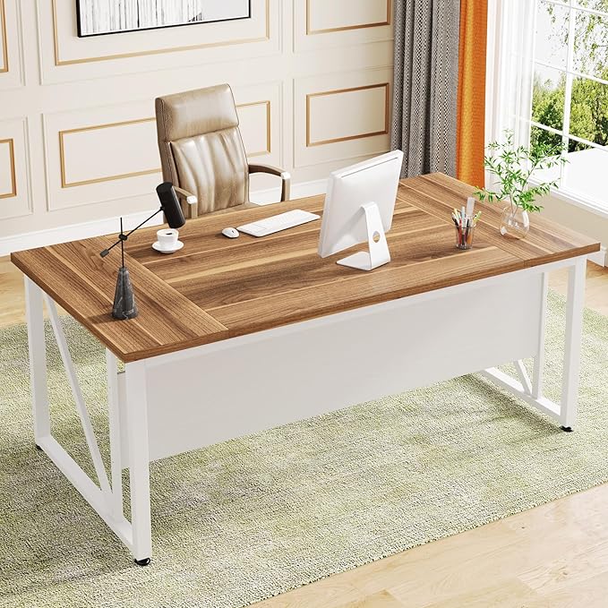 Tribesigns 63 inches Computer Desk with Bottom Storage Shelf Home Office Desk Writing Table for Workstation,Dark Walnut + Steel Leg， Cabinet not Included (Beige, 63-inch)