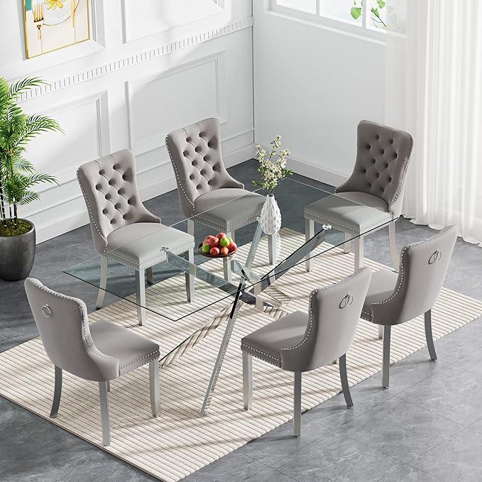HomVent 7 Piece Rectangular Glass Dining Table Set, Tempered Glass Dinner Table Set for 6 Kitchen Table Set with 6 Velvet Upholstered Chairs for Kitchen Dining Room