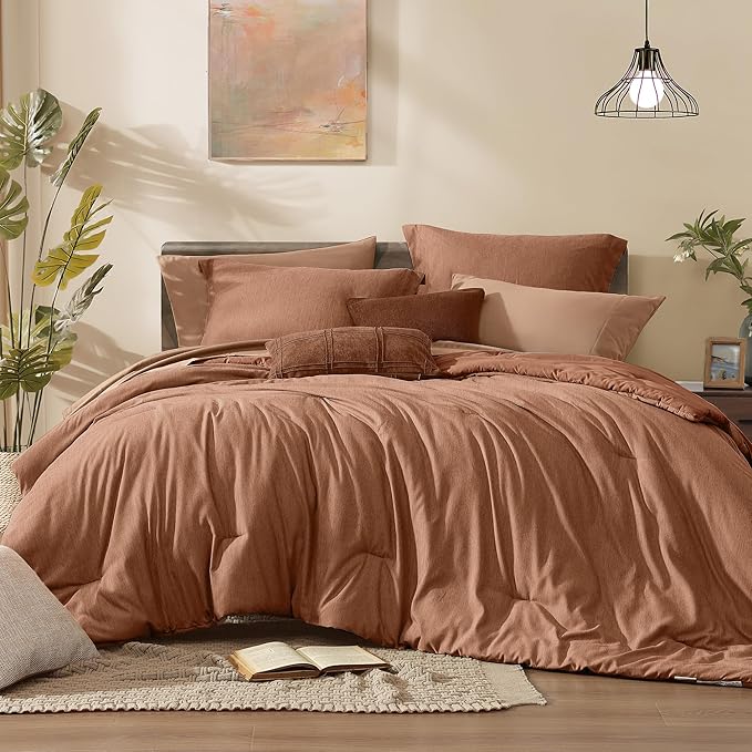 Monbix California King Comforter Set - 7 Pieces Cationic Dyeing Autumn Leaf Bed in a Bag Cal King Bed Sets with Comforter, Sheets, Pillowcases & Shams, Reversible Bedding Comforters Sets (108 * 92)