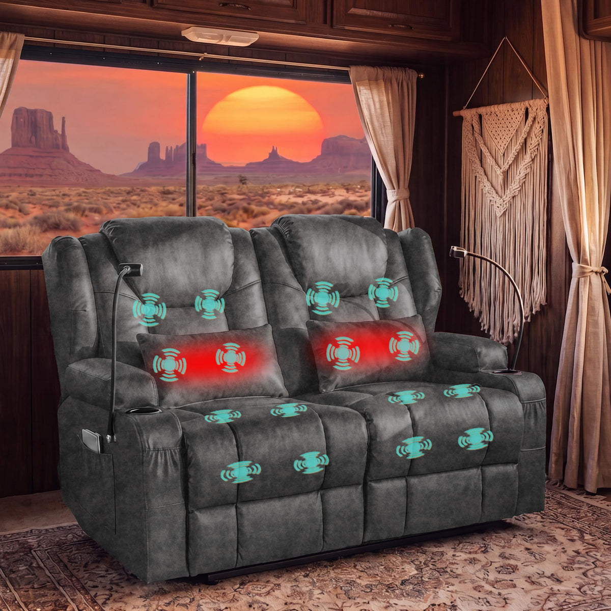 Roomark Loveseat Recliner with Massage and Heat, Wall Hugger Manual Recline Sofa for RV,Home Theater Seating,Living Room,Small Space Apartment, Cup Holders Included,Misty Grey