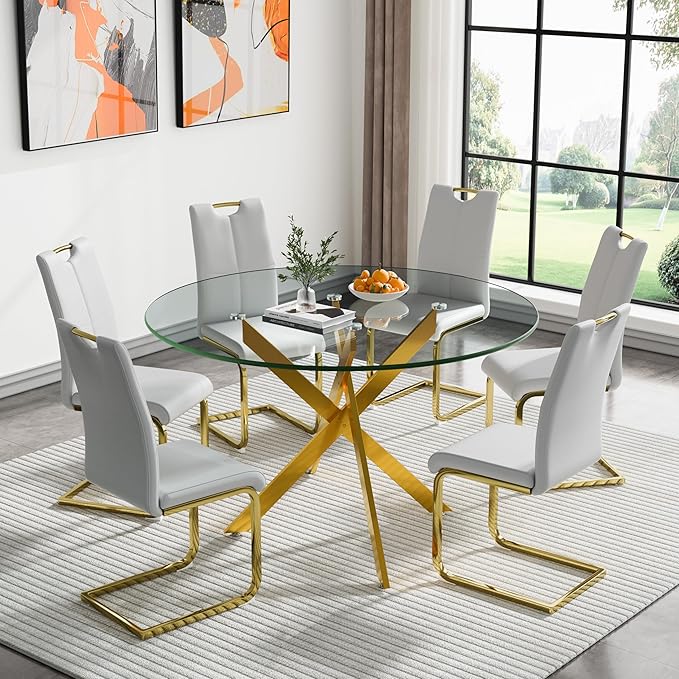 HomVent 7 Piece Round Glass Dining Table Set, Round Glass Kitchen Table Set for 6 with 6 PU Upholstered Dining Chairs for Kitchen Dining Room