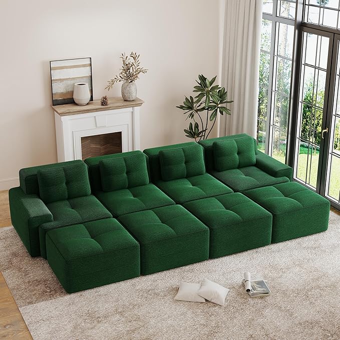 Hommoo Oversized Modular Sectional Sofa, 8 Seat Sleeper Sofa Bed, Comfy Corduroy Couch with Deep Seat, 153”Convertible Boneless Sofa with Ottoman for Living Room No Assembly Required Green