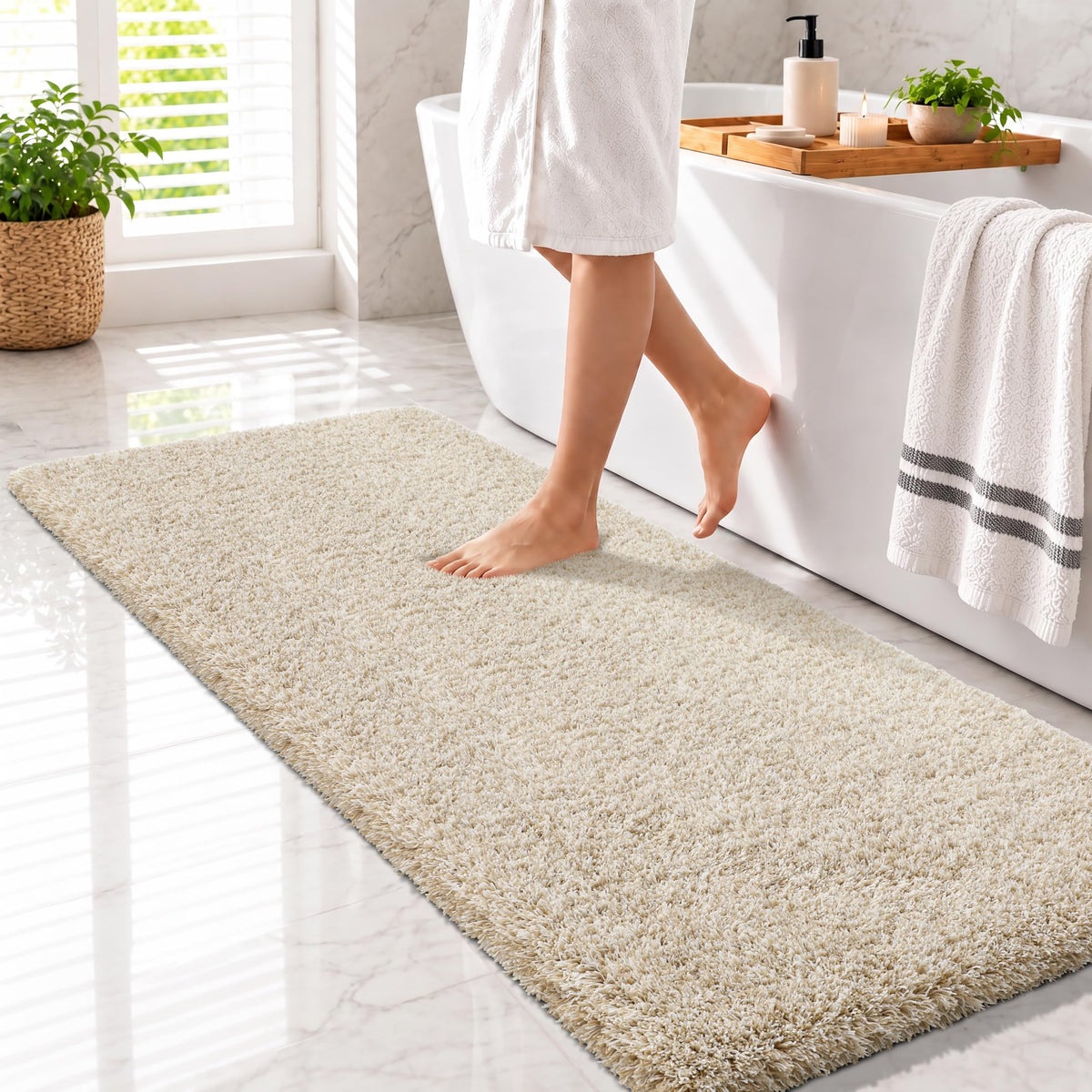 Yimobra Bathroom Runner Rug Non Slip Washable 60x24, Bath Mat, Beige&White
