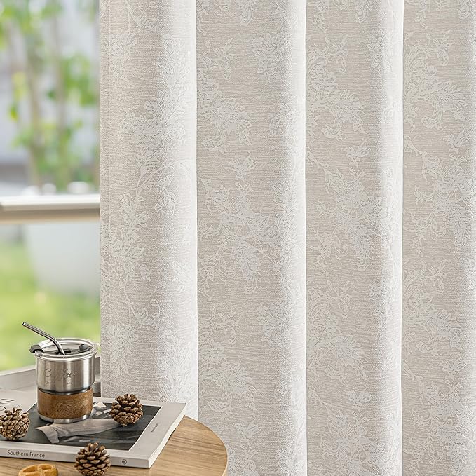 FMFUNCTEX Beige Floral Jacquard Blackout Curtains 108 Inches Long for Bedroom, Scroll Flower Chenille Farmhouse Curtains for Living Room Darkening Thermal Insulated Grommet Window Drapes 2 Panels