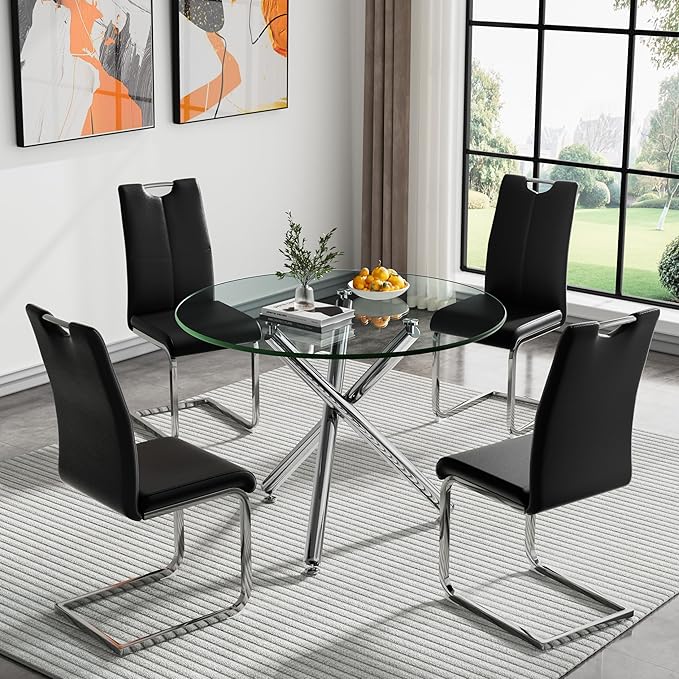 HomVent Round Glass Dining Table Set for 4, 5-Piece Modern Kitchen Table Set with 4 PU Upholstered Chair for Kitchen Dining Room, Glass Dining Room Table Set