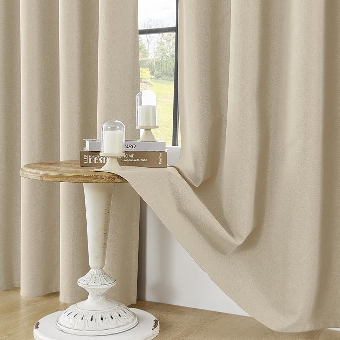 ChrisDowa 100% Blackout Linen Curtains, 2 Panels Set Thermal Insulated Room Darkening Curtains for Living Room, Privacy Grommet Window Drapes for Bedroom (Greyish Beige, 52 x 108 Inch)