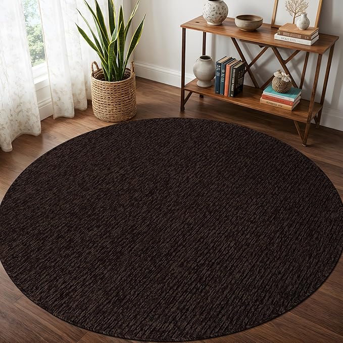 Beverly Rug Non-Slip Modern Rug 6 Round Solid Traditional Rubber Backing Machine Washable Soft Thin Indoor Area Rugs for Living Room Stain Resistant Non Shedding Casual Carpet (6 Round Brown)