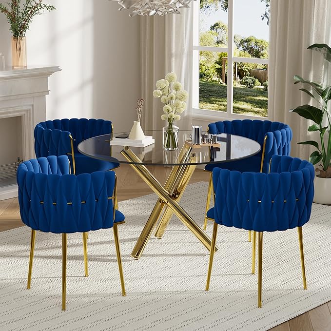 Modern Luxury Round Glass Dining Set for 4, 5 Piece Clear Minimalist Circle Glass Top Dinner Room Set, 39'' Small Circular Kitchen Table and Navy Blue Woven Set of 4, for Apartment (Golden)