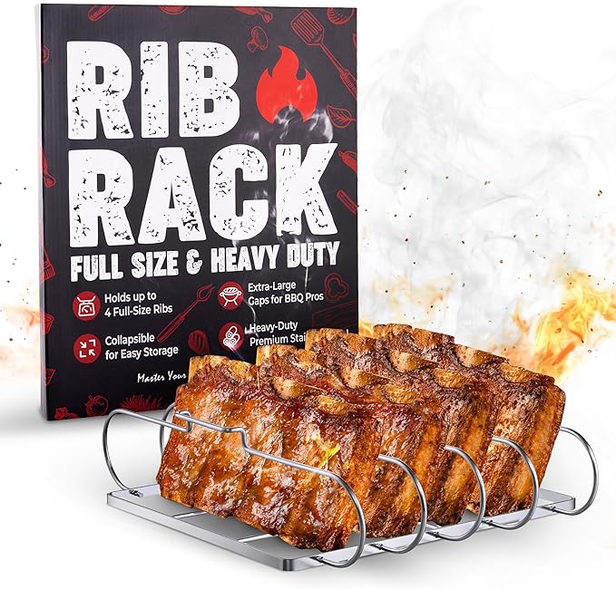Rib Rack for Smoking & Grilling, Holds up to 4 Full Racks of Ribs, Foldable Design, Fits Large Gas Smoker or Charcoal Grill, Perfect BBQ Accessory, Smoker Accessories, Gifts for Men, Father