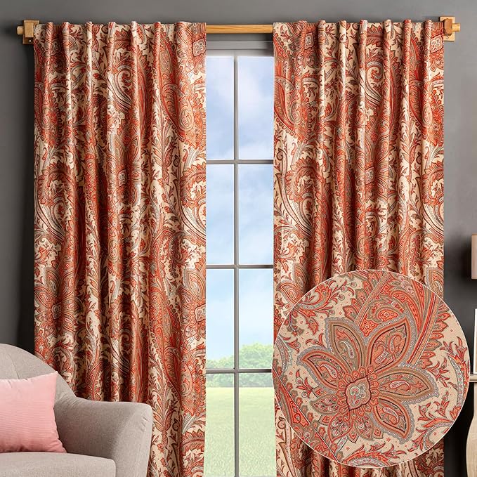 Maison d' Hermine Curtains for living room 100% Cotton 108 inch length Two Panels Light Filtering Curtains for Bedroom Windows with rod and loop Pockets Drapes (Kashmir Paisley Tomato, 50"W x 108"L)