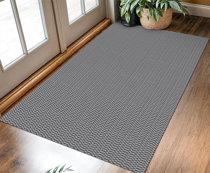 KOZYFLY Washable Entryway Rug 3x5 Ft Area Rugs Cotton Rubber Backed Throw Rugs Indoor Door Mat Kitchen Rugs Braided Floor Carpet for Front Entrance Kitchen Living Room, Grey/Charcoal Grey