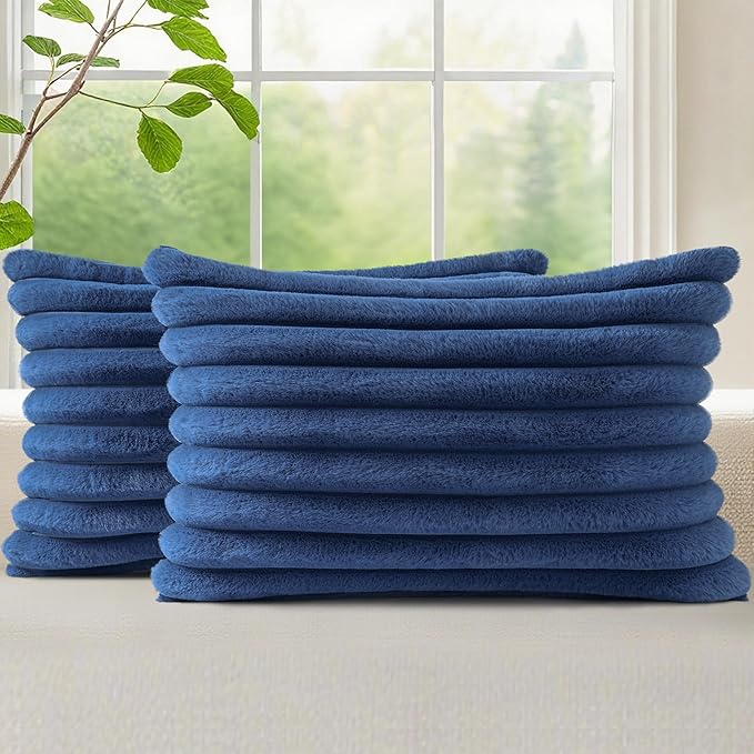 decorUhome Faux Fur Spring Throw Pillow Covers 12x20 Set of 2, Decorative Soft Plush Striped Lumbar Neutral Couch Euro Pillow Covers with Velvet Back for Sofa, Bed, Living Room Home Decor, Blue