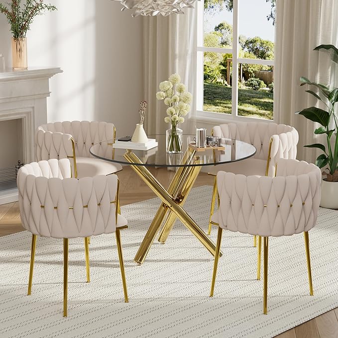 5 Pieces Round Glass Dining Set, 4 Person Modern Luxury Circle Kitchen Table Set, 36'' Clear Minimalist Circular Glass Top Dinner Room Set with Ivory Woven Chair, for Small Place (Golden)