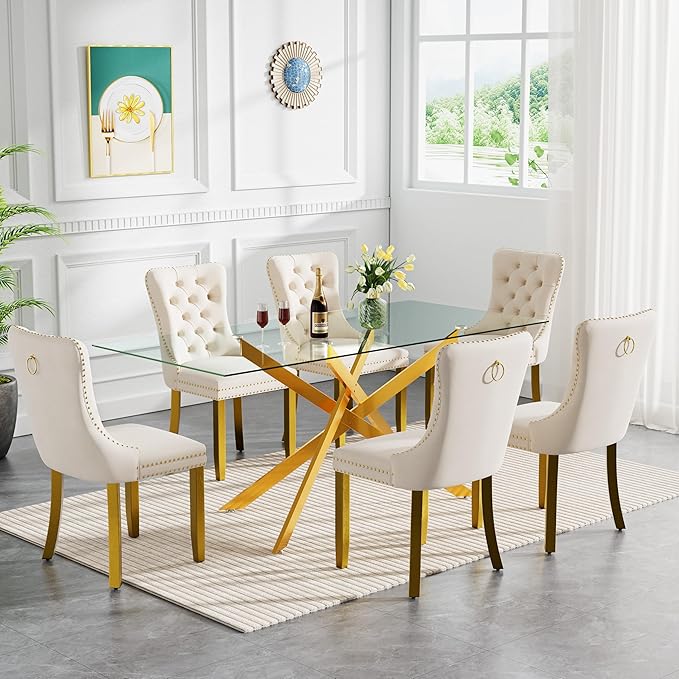 HomVent 7 Piece Rectangular Glass Dining Table Set, Tempered Glass Dinner Table Set for 6 Kitchen Table Set with 6 Velvet Upholstered Chairs for Kitchen Dining Room