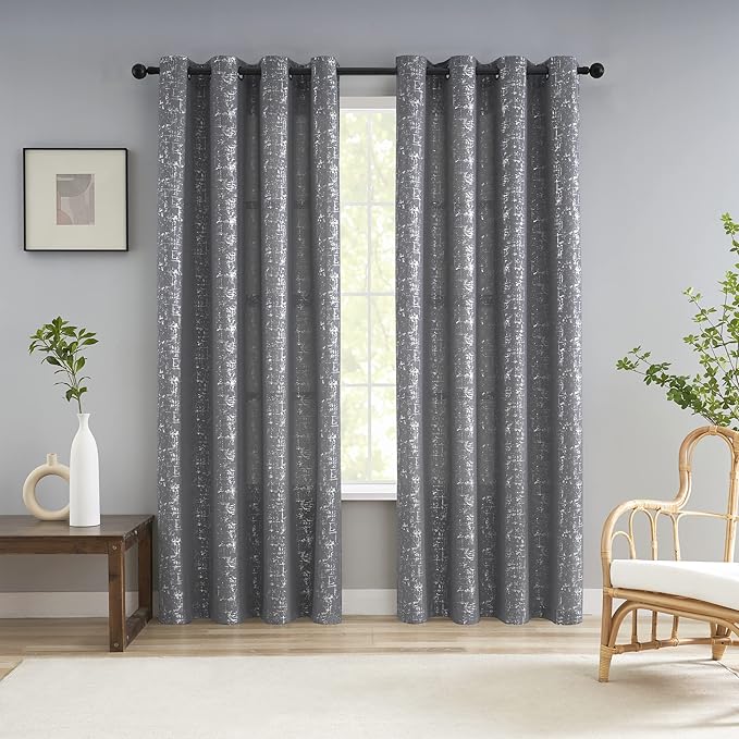 Taisier Home Silver Solid Dots Curtain Foil Print Grommet Room Darkening Linen Textured Curtains Printed for Teens Kids Bedroom Living Room Nursery 84 Inches Length 2 Panels Soft Grey