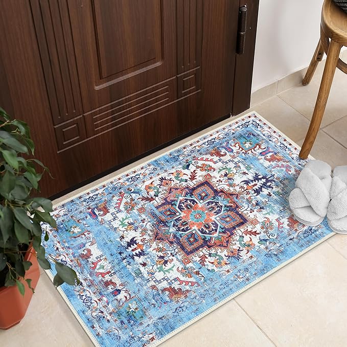 GLN Rugs Traditional Collection - Machine Washable Area Rug, Traditional Washable, Non Slip, Low Pile Chenille Rug, Living Room, Bedroom, Kitchen Rug (2'x3' Blue)