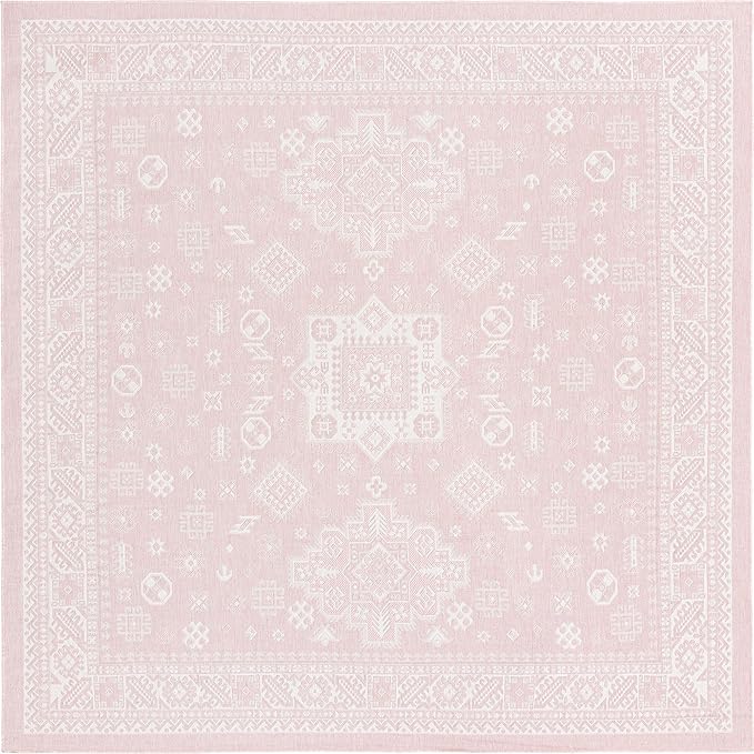Rugs.com Outdoor Aztec Collection Rug – 10 Ft Square Pink Flatweave Rug Perfect for Living Rooms, Kitchens, Entryways