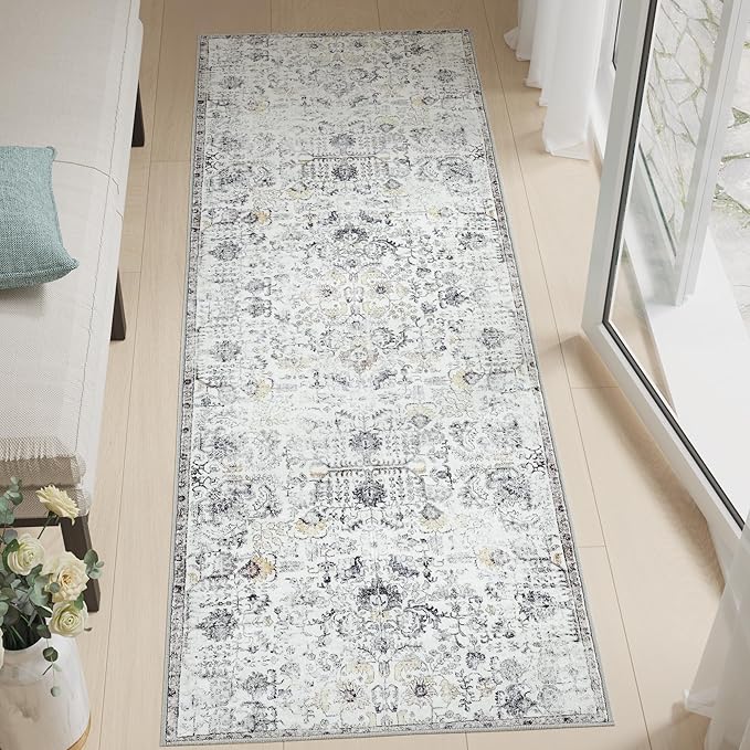 jinchan Kalen Runner Rug 3x10 Washable Area Rug Soft Vintage Indoor Floor Cover Thin Retro Distressed Grey Multi Carpet Floral Print Country Non Slip for Bathroom Kitchen Bedroom Living Room