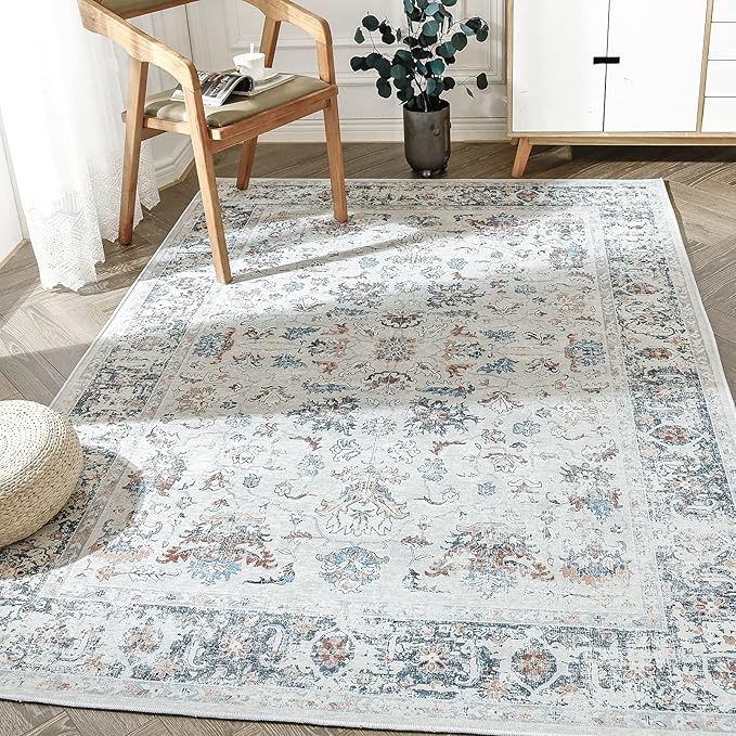 jinchan Area Rug 3x5 Entryway Rug - Washable Vintage Boho Floral Floor Cover Lightweight Low Pile Indoor Doormat Thin Non-Slip Carpet for Kitchen Living Room Bedroom Dining Room Office Grey Multi