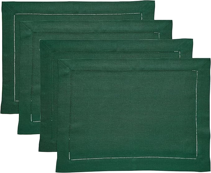 Solino Home Linen Placemats Set of 4 - Classic Hemstitch Rainforest Green Placemats 14 x 19 Inch - 100% Pure Linen Table Mats for Christmas, Holiday, Winter, New Year