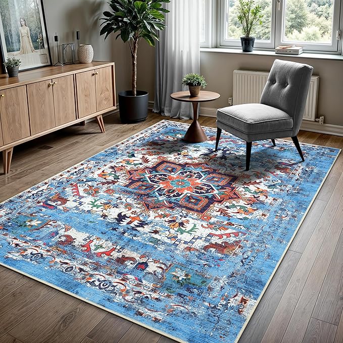 GLN Rugs Traditional Collection - Machine Washable Area Rug, Traditional Washable, Non Slip, Low Pile Chenille Rug, Living Room, Bedroom, Kitchen Rug (6'6"x9'6" Blue)