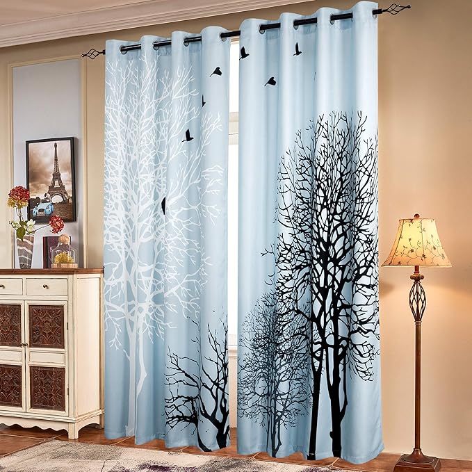 SUBRTEX Light Flitering Curtains 52Wx63L, Room Darkening Vibrant Floral Drapes, 50% Blackout, Semi Sheer Boho Farmhouse Curtains for Living Room, Light Blue