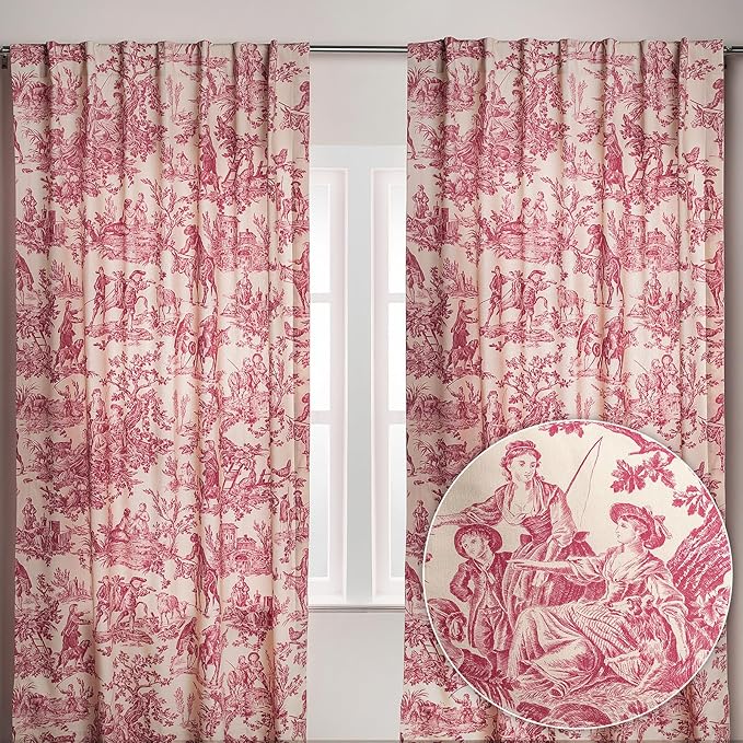 Maison d' Hermine Curtains for Living Room 100% Cotton 124 inch Length Two Panels Light Filtering Toile Curtains for Bedroom Windows with Rod and Loop Pockets Drapes (The Miller Red, 50" W x 124" L)