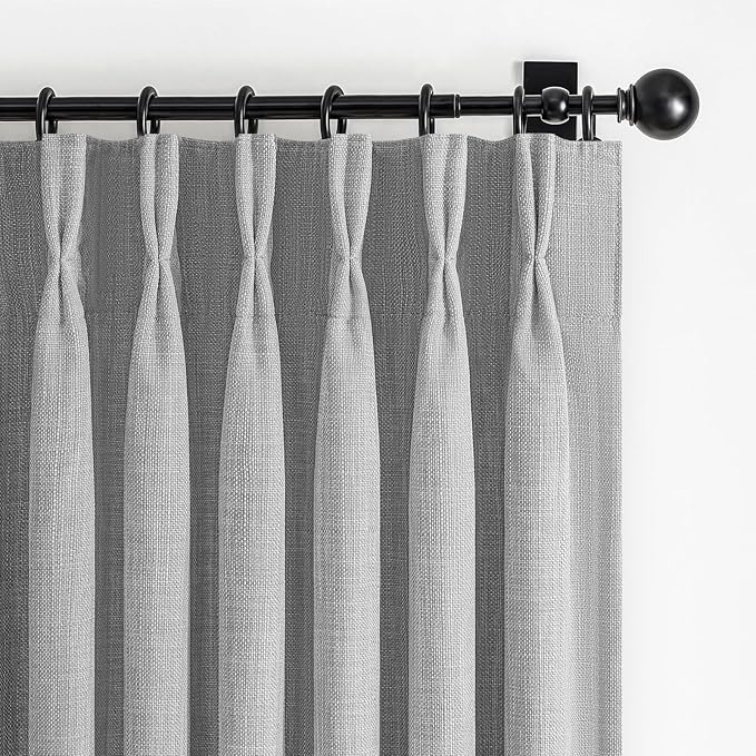 Light Grey Blackout Double Layer Thick Linen 84 Inch Curtains 2 Panels Set for Sliding Glass Doors, Memory Trained Pinch Pleated Noise Reducing Insulated Farmhouse Windows Curtain 40"W x 84"L Length