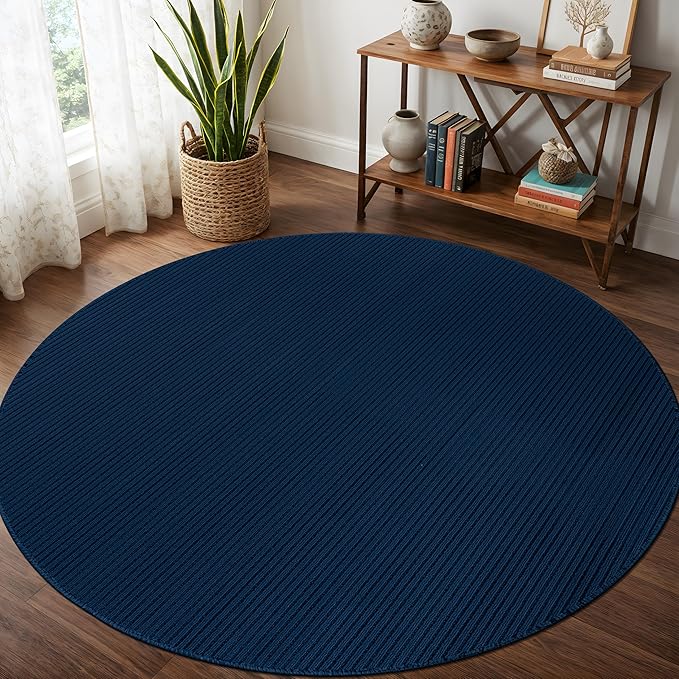Beverly Rug Non-Slip Modern Rug 6 Round Solid Traditional Rubber Backing Machine Washable Soft Thin Indoor Area Rugs for Living Room Stain Resistant Non Shedding Casual Carpet (6 Round Navy)