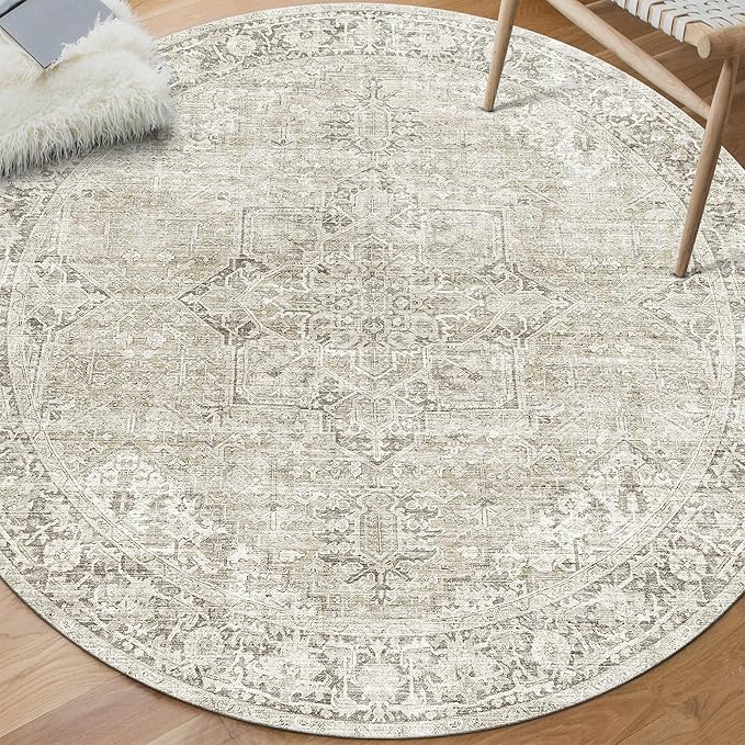 ReaLife Rugs Machine Washable Area Rug - Living Room Bedroom Bathroom Kitchen Entryway Office - Padded Low Pile Stain Resistant Premium - Boho Farmhouse Vintage - Lyle - Beige Ivory 4' Round