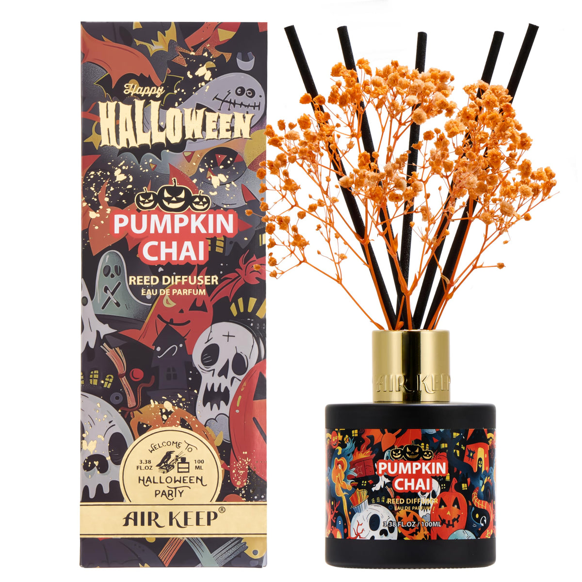 Airkeep Halloween Reed Diffuser Set,3.38 fl oz (100 ml) - Pumpkin Chai Oil Diffusers with 8 Reed Sticks, Home Fragrance Reed Diffuser for Bathroom Shelf Decor